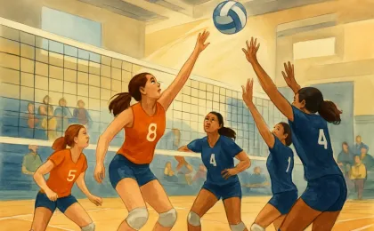 Illustration of a girls’ volleyball match in a gym, with players mid-rally near the net.