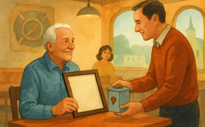 A respectful illustration of a local community recognition moment in a small-town Kansas setting, with award presentation and a donation for senior services.