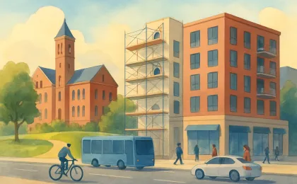 Illustration of a campus-edge apartment construction site beside a city street and nearby retail buildings