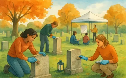 Students carefully cleaning carved grave markers during a supervised educational field activity at a historic cemetery.