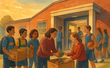 A community scene at a school sports event with donation items placed near an entryway for a food drive.