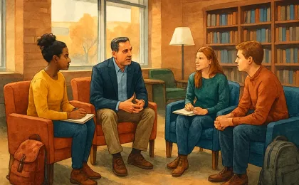County attorney speaking with students in a university lounge during a question-and-answer session