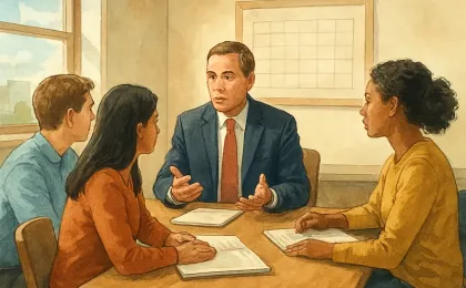 A county attorney and a small student group in a university room during an informal Q&A discussion.