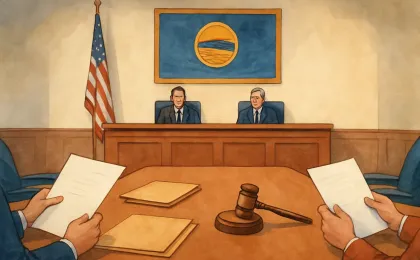 An illustrated county meeting room showing commissioners seated around a table with a gavel on the dais.
