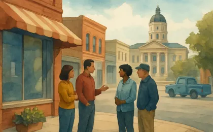 Illustration of Leavenworth downtown storefronts with community members gathering outside a public meeting setting, reflecting concerns discussed at a city commission meeting.