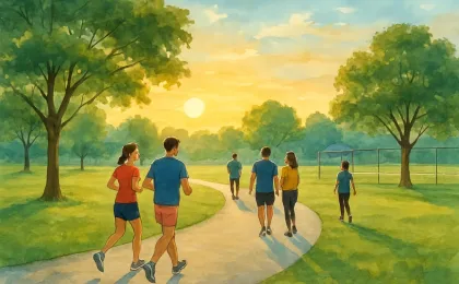 People walking and jogging on a park path near a recreation complex at sunrise in Leavenworth.
