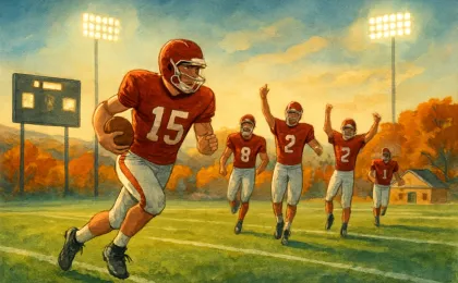 A creative illustration of high school football players celebrating under stadium lights on a night game field