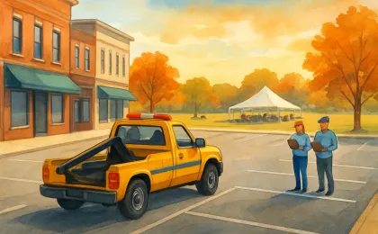 Illustration showing a tow truck clearing a street ahead of a community festival.
