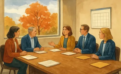 A school board meeting scene with documents and a highlighted February calendar for a superintendent search timeline.