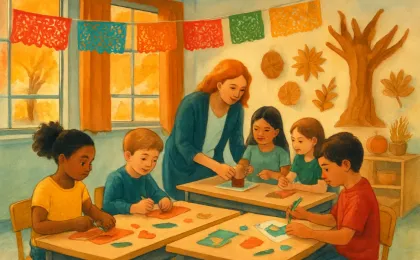 A classroom scene showing students participating in a cultural community celebration with handmade crafts and autumn warmth.