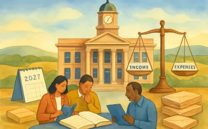 An illustration of a courthouse with residents and officials reviewing budget papers, with an income-expense balance theme for 2027.
