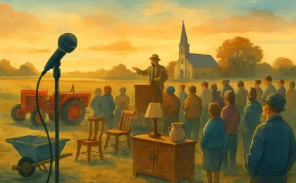 A community gathering at a small-town Kansas auction with a microphone and household goods, with a church silhouette in the background.