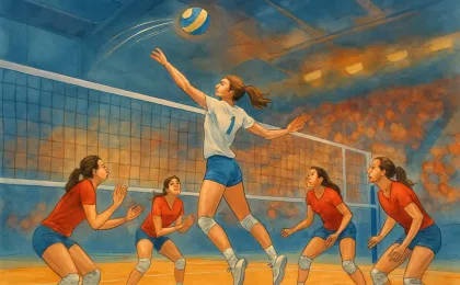 Indoor volleyball scene showing a powerful spike attempt at the net with teammates ready to dig and block.
