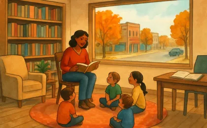 Illustration of a community library reading area with children listening to a storyteller and autumn scenery outside.