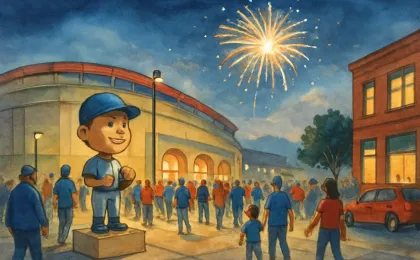 Fans gather outside a stadium at night as fireworks illuminate the sky and a bobblehead sits on display for a promotional giveaway.