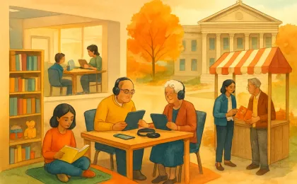 Community members enjoying library storytime, senior games, and a fall festival booth near a courthouse-like building.