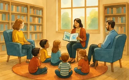 A community library storytime scene showing children gathered in a circle with a librarian and parents nearby, smiling and listening.