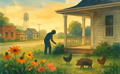 Illustration of a peaceful home garden and animals in a small Kansas town.