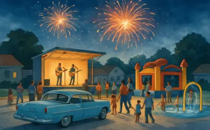 Evening festival scene with a classic car display, live music on a small stage, families near bounce houses and a splash area, and fireworks overhead.