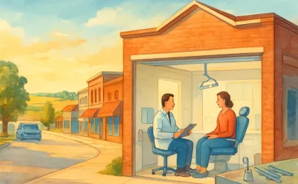 Warm illustration of a rural clinic office with dental tools and a calm patient visit in a small town setting