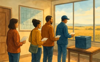People in a county office lobby preparing election paperwork before voting