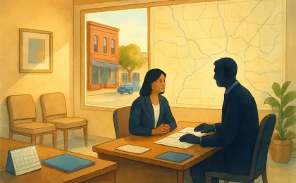 Illustration of a Great Bend office consultation with documents and regional connection themes