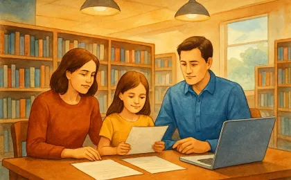 A family reviews college planning papers at a library table surrounded by bookshelves.