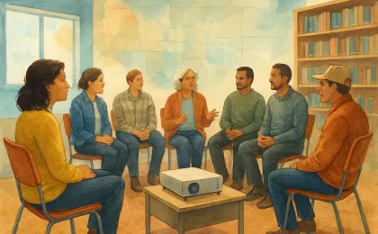 Residents gathered in a library meeting room for a civic discussion, with a projector and an abstract map-like backdrop.