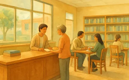 Illustration of a community library consultation area during a scheduled assistance session.