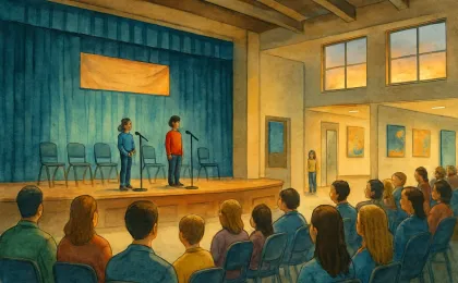 Families and students gathered inside a school auditorium for a public meeting, with a stage and microphones in view.