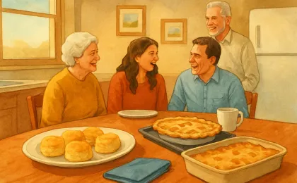 Illustration of a cozy home kitchen where a family gathers around a table for food and conversation.