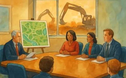 Commissioners in a meeting room reviewing a park-area map as a land development decision is made.