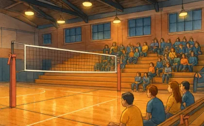 Students and volleyball players gather in a high school gym decorated with subtle pink accents for an evening community event.