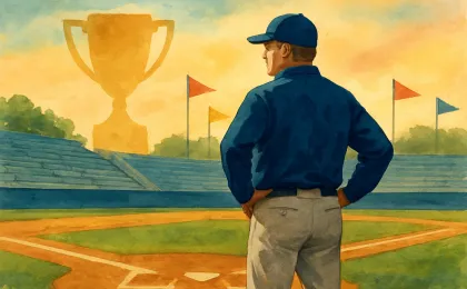 Illustration of a baseball coach near a field with a trophy silhouette in the background