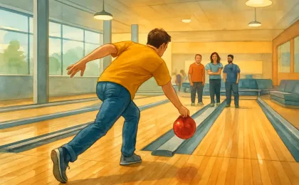 A scene inside a modern indoor bowling hall showing a bowler preparing to throw while teammates look on.