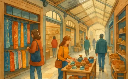 Illustration of shoppers browsing a cozy indoor marketplace with boutique-style storefronts and local goods displays