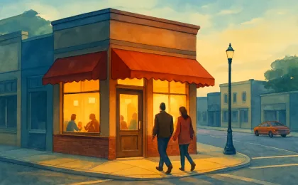 Illustration showing a warm-lit downtown restaurant entrance at a street corner in a small Kansas town.