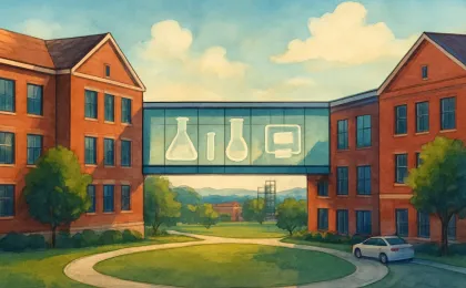 Artist-style illustration of connected campus science buildings and lab activity representing a planned renovation project
