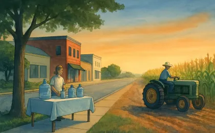 Illustration showing a farmer in a field and community heat-safety help under a cooling evening sky in Kansas.