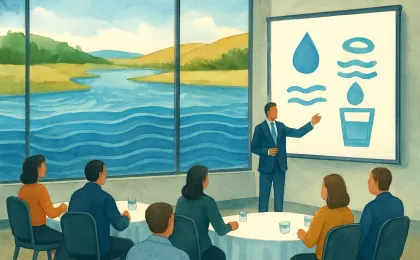 Illustration of a water-focused conference setting with a river and abstract groundwater layers visible through a window.