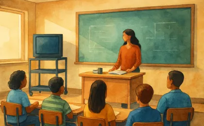 Illustration of a substitute teacher’s classroom moment with a rolling TV cart and attentive students.