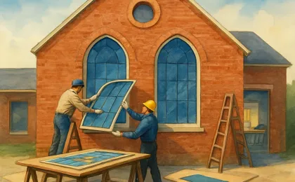 Workers carefully reinstall restored arched church windows with glass repair materials on-site.