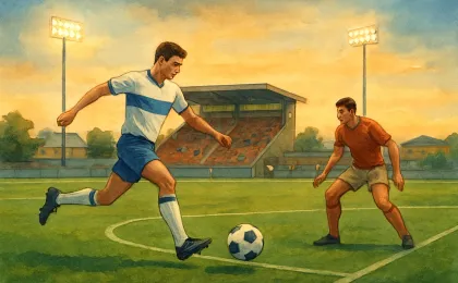 Illustration of a women’s college soccer game on a stadium field with a decisive shot moment and defenders nearby.