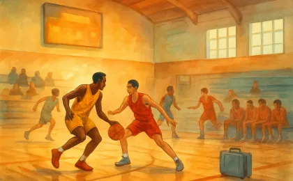 A generic illustration of a high school basketball game in a gym, with teams in action and travel implied by a suitcase near the bench.