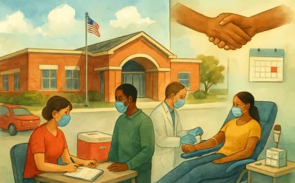 Illustration of a community donation drive at a town hall gym with volunteers preparing to donate blood.