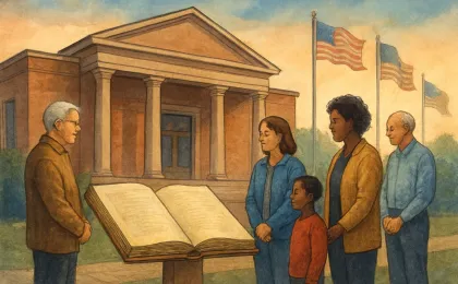People gathered thoughtfully beside an open archival book outside a local history center on a memorial day.