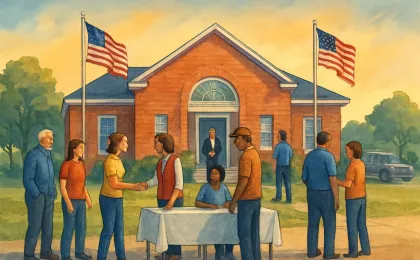 Volunteers gather outside a community building with flags during a recognition event