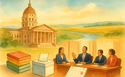 Illustration of a Kansas capitol with a committee selecting among three candidate folders and an election timeline in the background.