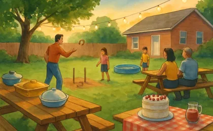 Outdoor backyard scene showing a potluck table, horseshoe game area, and a kiddie pool during a family reunion.