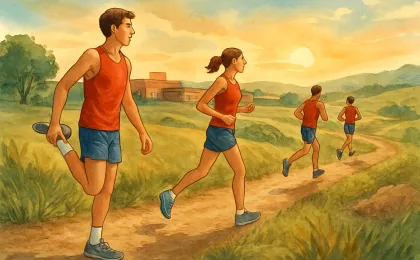 Sunrise scene of student runners practicing cross country on varied terrain near a school campus